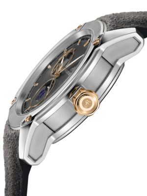 Profile of the UNITY DAY & NIGHT watch from the Auguste Reymond manufacture. Steel case, dark grey dial.